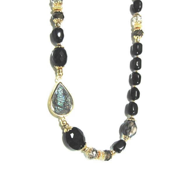 NEW Sara Bella Black Onyx Glass Bead NECKLACE 34" Adj Mother Of Pearl Nordstrom - Picture 2 of 11